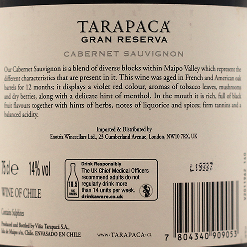 TARAPACA CABERNET SAUVIGNON GRAN RESERVA 2018